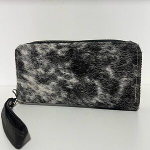 Black and White Haircalf Zip Wallet with Wristlet